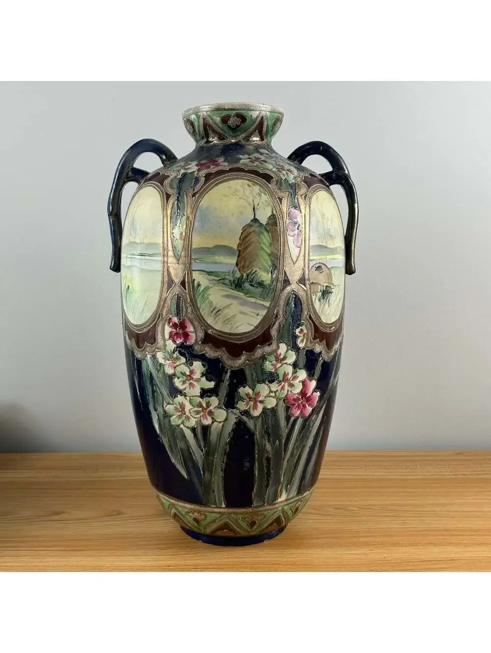 Japanese Early 1900s Art Pottery Cobalt Blue Moriage Scenic Panel Floor Vase
